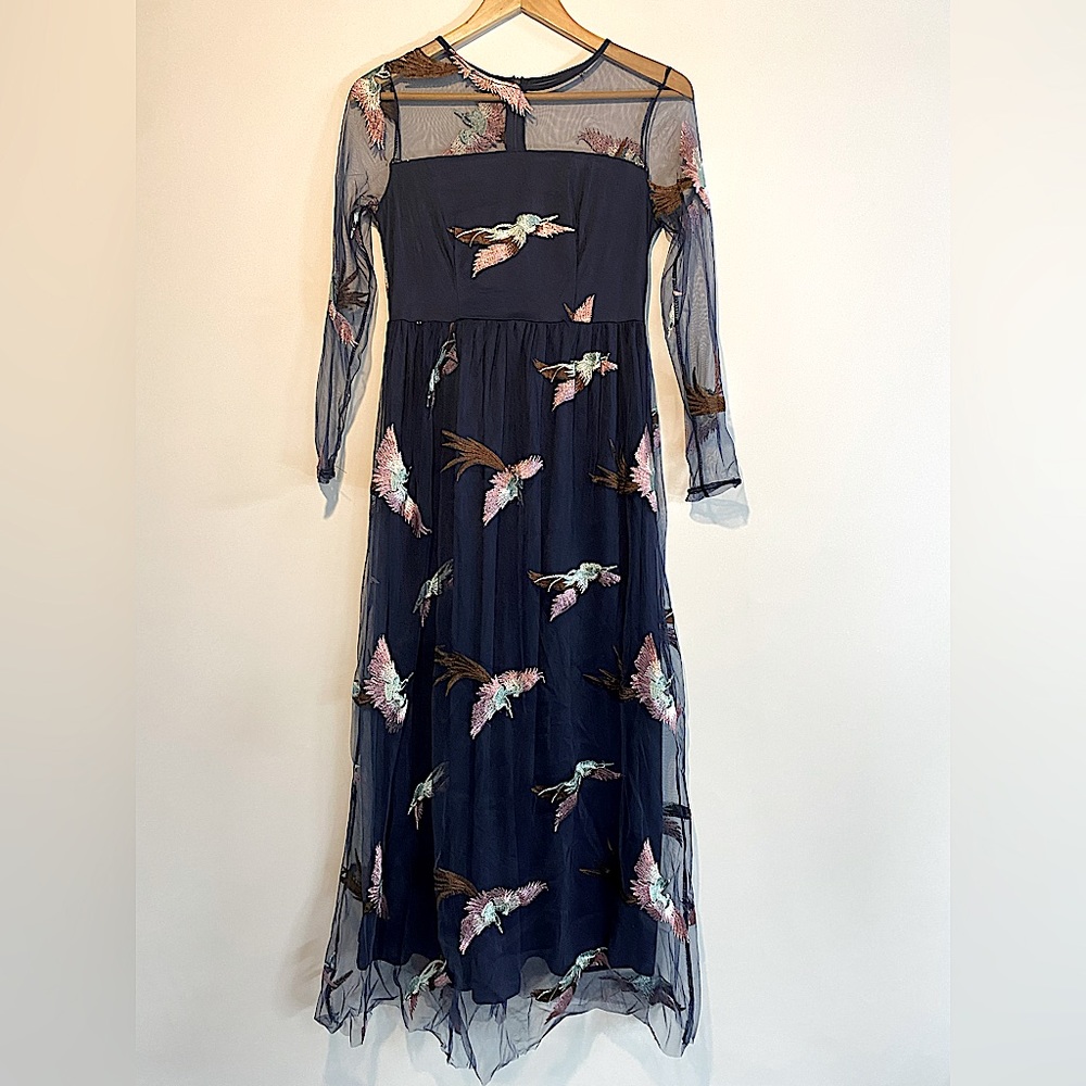 Maxi navy dress with sheer embroidered overlay